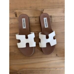 Pre-owned Steve Madden White Leather Slide Sandals Size 5.5 H Sandal